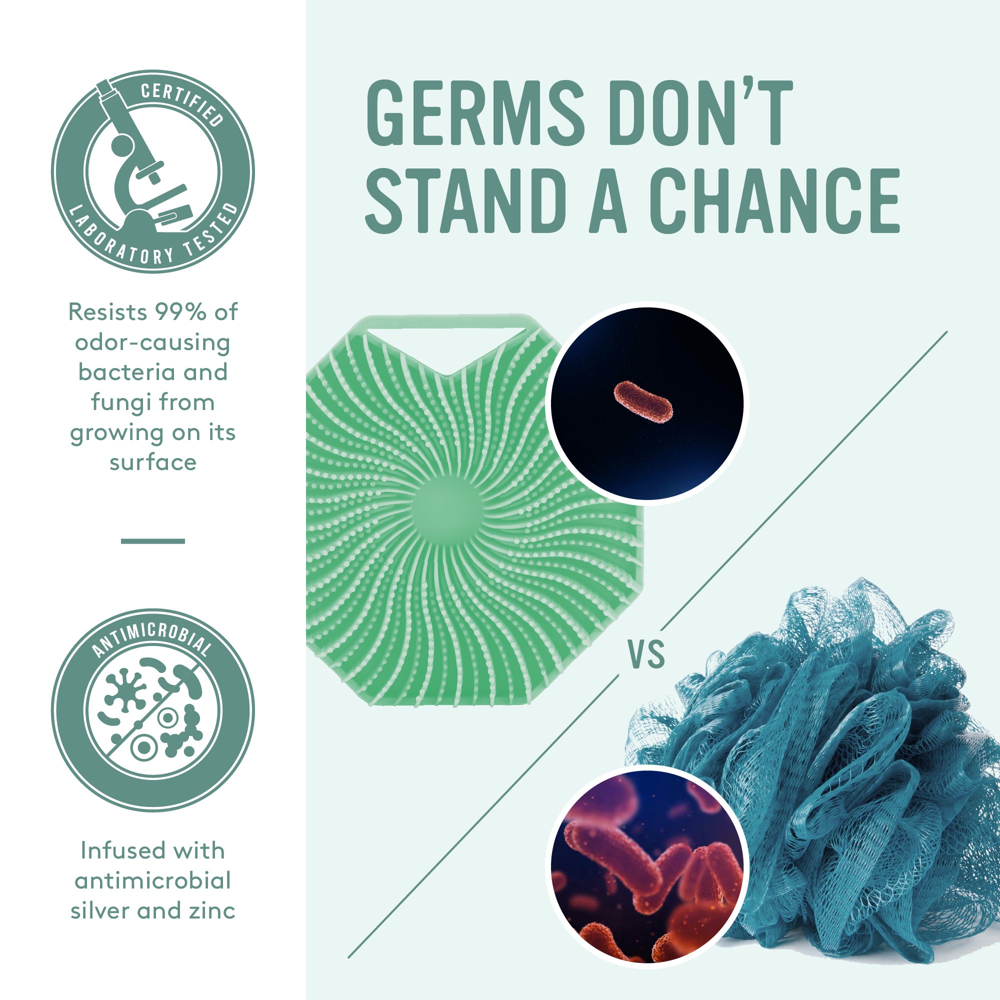 Germs Don't Stand A Chance- The Mint Sud Scrub Body Scrubber resists 99% of odor causing bacteria and fungi from growing on it's surface.
