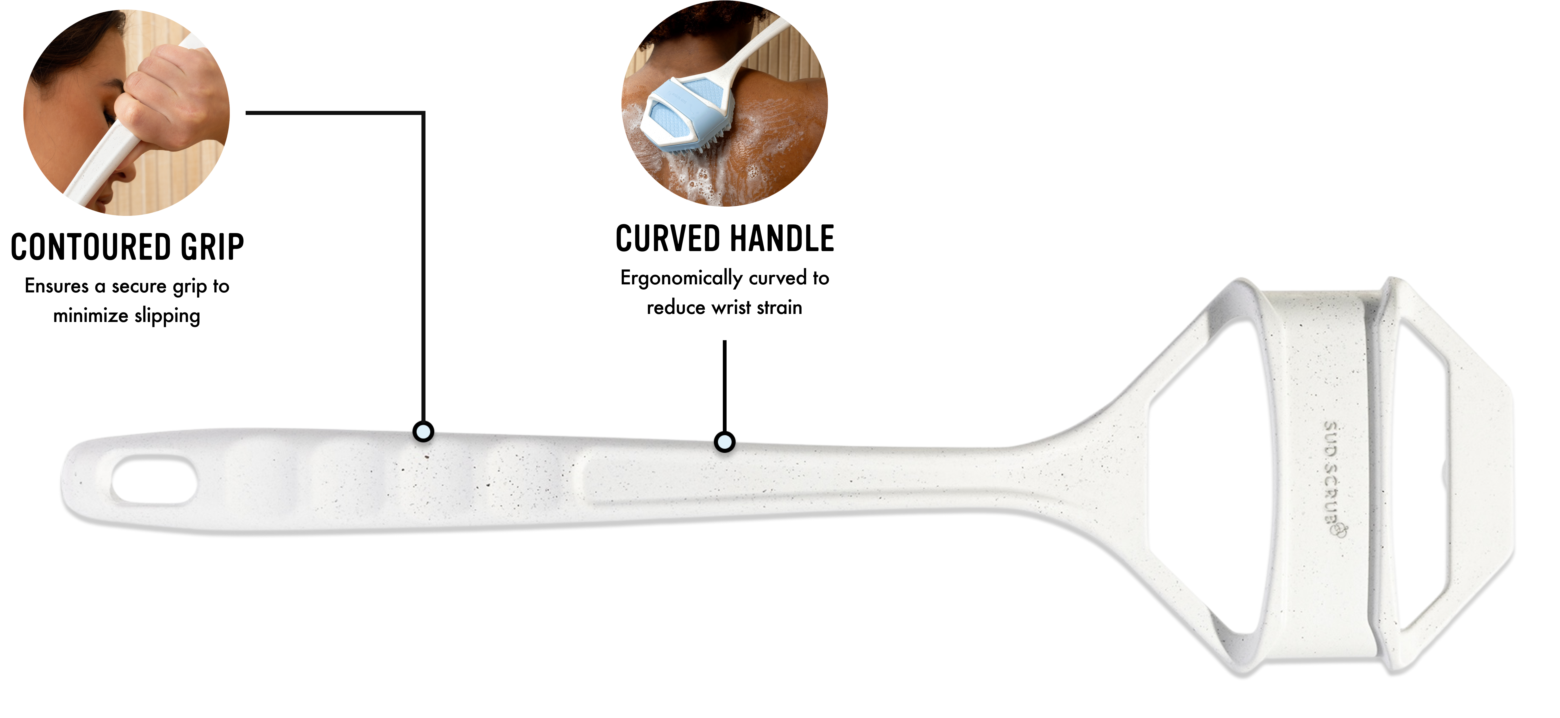 back view of Sud Scrub extender handle, man using Sud Scrub Extender Handle on back