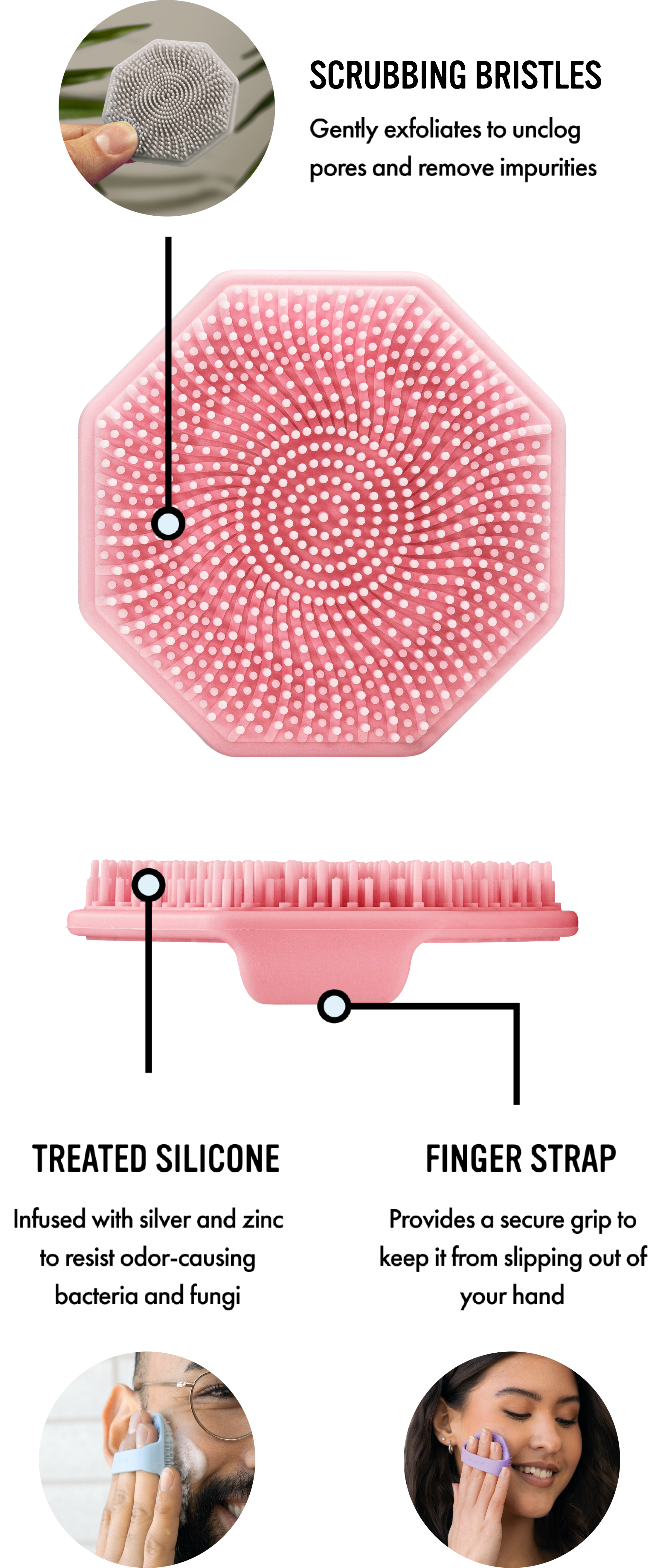 front, side and back view of Clay, Pink, Blue, and Purple Sud Scrub Face Scrubber