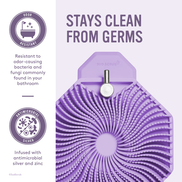 Stays clean from germs. The Purple Sud Scrub Shower hook holding a Purple Sud Scrub Body Scrubber.