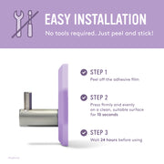 Easy installation, no tools required. Side view of silicone Purple Sud Scrub Shower Hook.