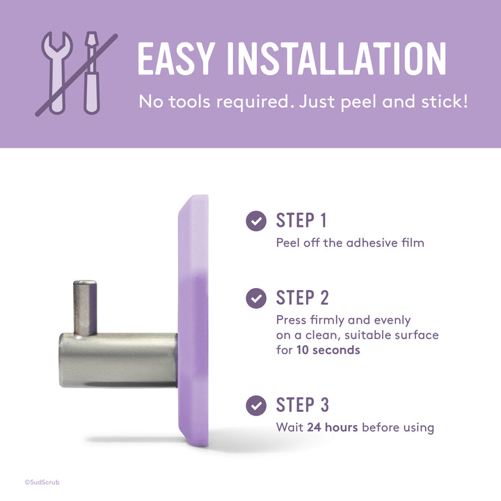 Easy installation, no tools required. Side view of silicone Purple Sud Scrub Shower Hook.