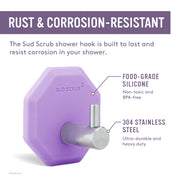 Rust and corrosion resistant. The Purple Stainless Steel and silicone Sud Scub Shower hook front view.
